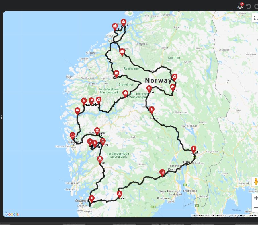 השכרת קרוואן בנורווגיה - מסלול